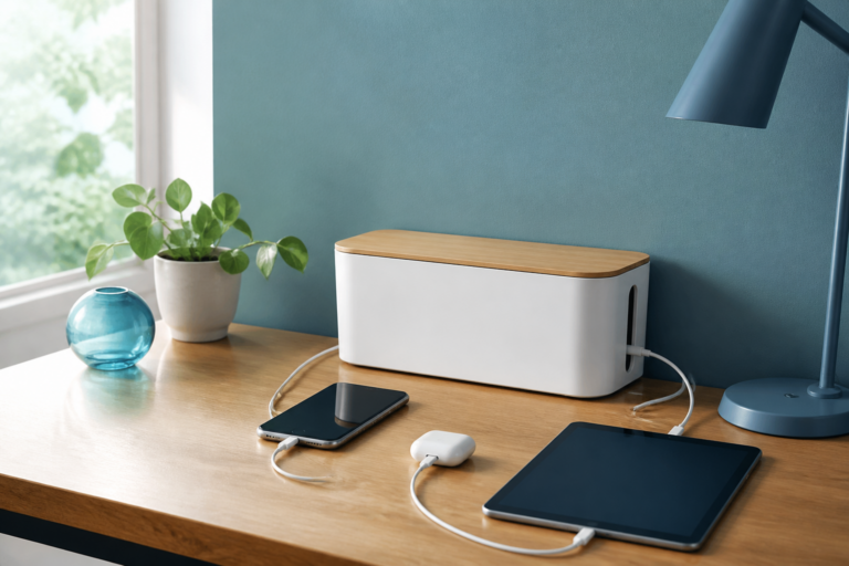 電源タップ 収納ボックスをテーマに整えたデスク周りのイメージ